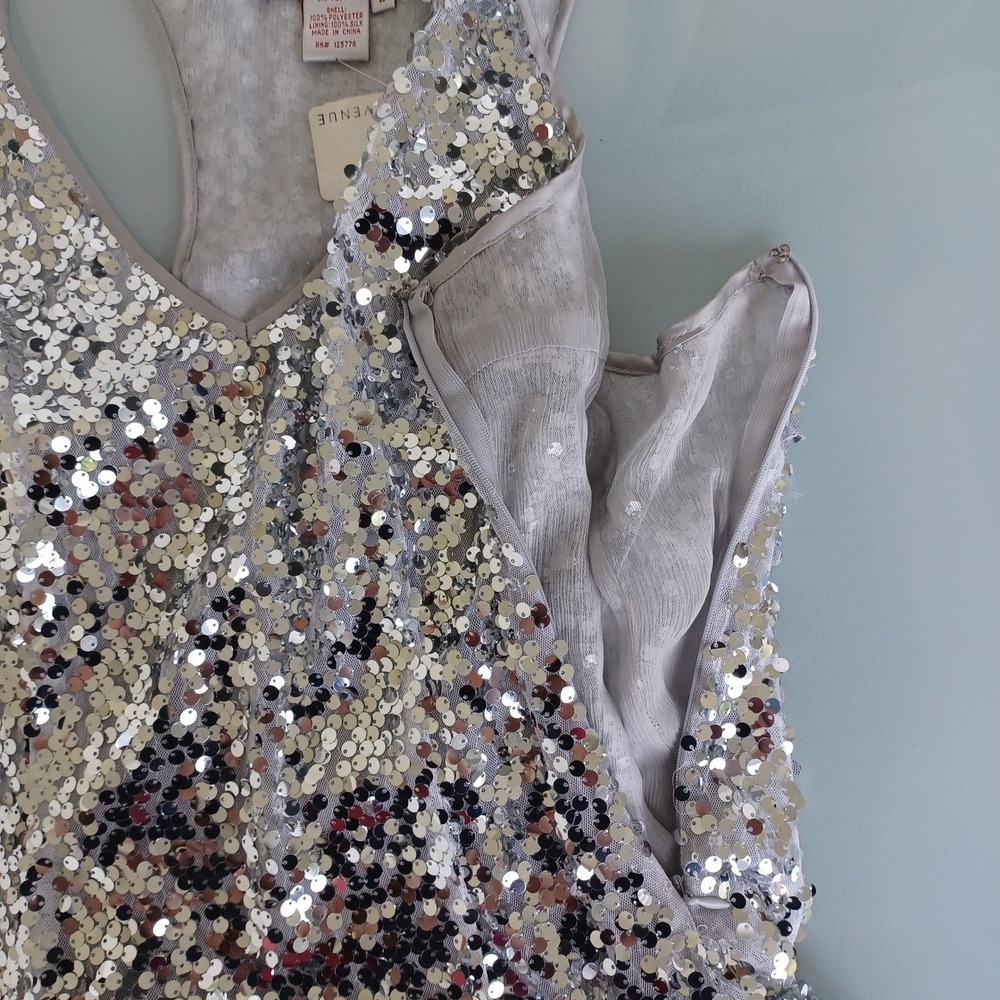 Mr Abbott Silver Sequin Silk Lined Mini Dress V-Neck Racerback L NWT $450 - Picture 6 of 11